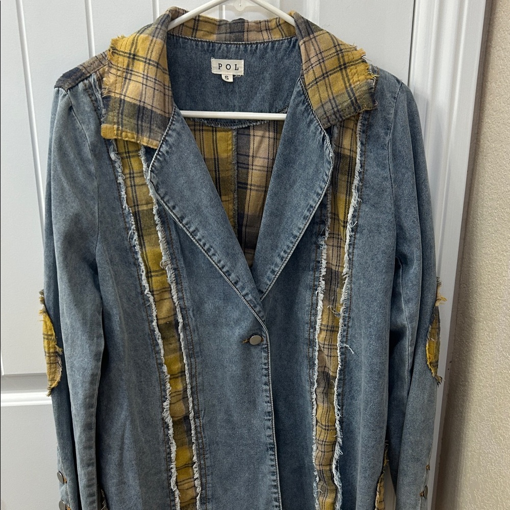 POL Women's Blue Denim Jacket with Yellow Plaid